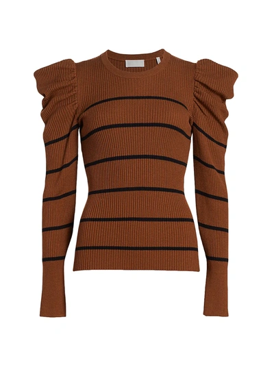 7 For All Mankind Stripe Rib-knit Puff-sleeve Sweater In Spc Blk St