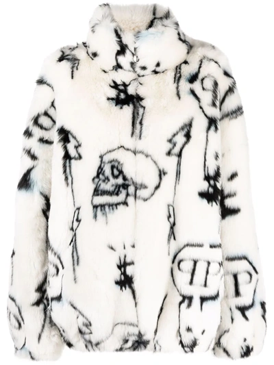 Philipp Plein Faux-fur Monogram-pattern Coat In White
