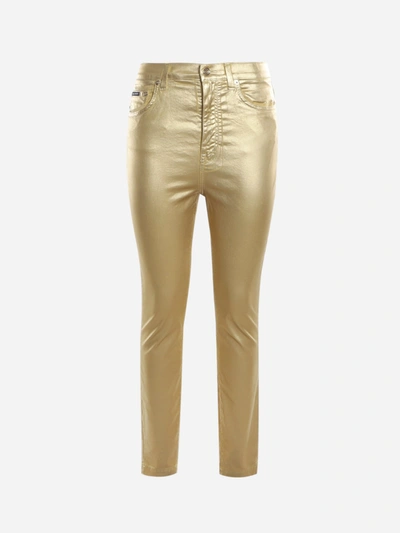 Dolce & Gabbana Stretch Cotton Trousers With Laminated Effect In Gold