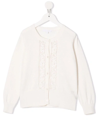 Chloé Kids White Cardigan With Frontal Cutwork Embroidery In Avorio