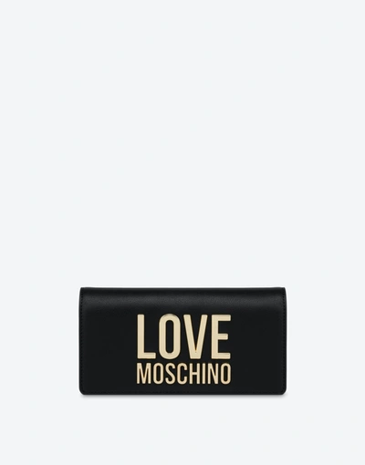 Love Moschino Gold Metal Logo Flap Wallet In Black