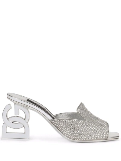 Dolce & Gabbana Logo-heel Embellished Mules In Grey/silver