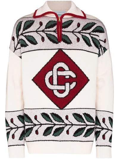 Casablanca Jacquard Monogram Wool Blend Sweater In White