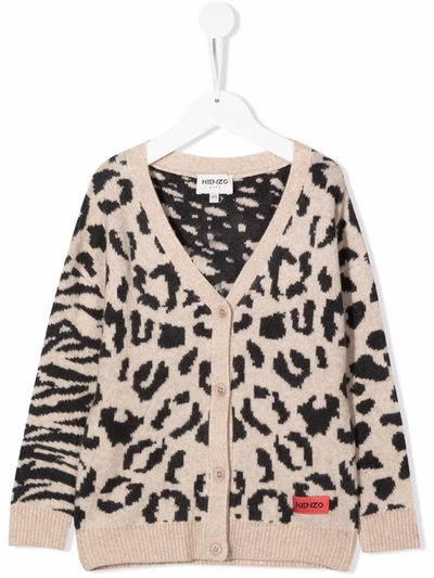 Kenzo Kids' Leopard Pattern V-neck Cardigan In Neutrals