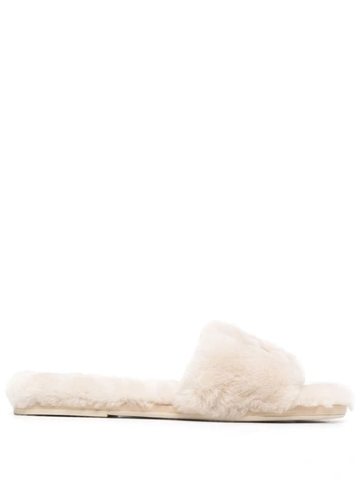 Tory Burch Double T Shearling Slippers In White