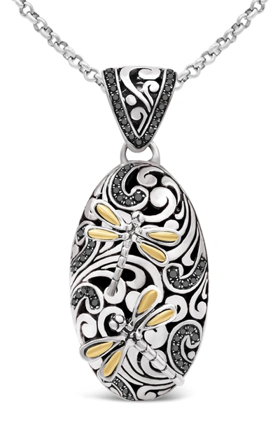 Devata Bali Filigree 18k Gold & Sterling Silver Black Spinel Dragonfly Oval Pendant Necklace In Silver Gold Black