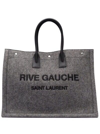 Saint Laurent Large Logo-embroidered Leather-trimmed Felt Tote Bag In Grey