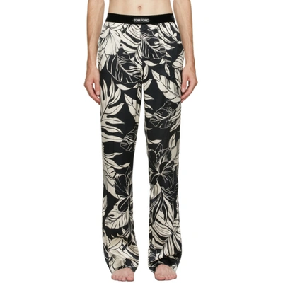 Tom Ford Velvet-trimmed Printed Stretch Silk-satin Pyjama Trousers In Nero