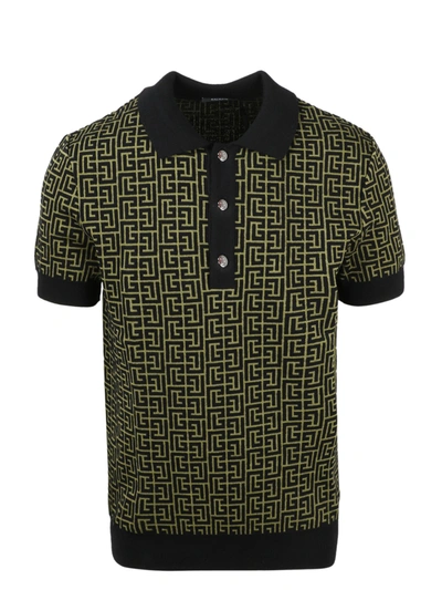 Balmain Monogram-pattern Short-sleeve Polo Shirt In Green