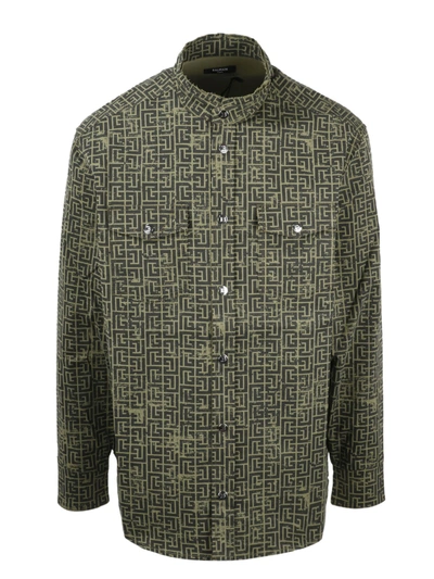 Balmain Monogram-jacquard Cotton-blend Denim Shirt In Green