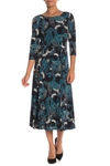 Nina Leonard Floral Scoop Neck Midi Dress In Teal Multi