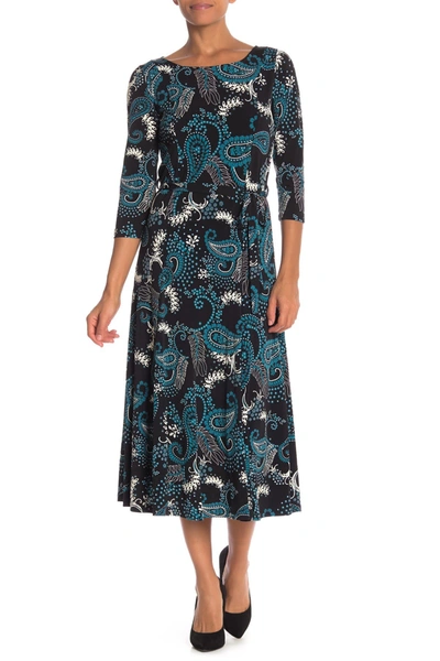 Nina Leonard Floral Scoop Neck Midi Dress In Teal Multi