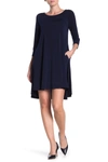 Nina Leonard Three-quarter Sleeve Stretch Knit Trapeze Dress In Navy