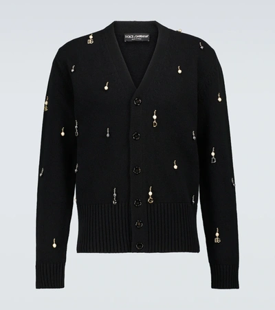 Dolce & Gabbana Logo-charm Embellished Wool Cardigan In Black