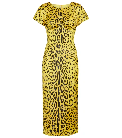Dolce & Gabbana Leopard-print Satin Midi Dress In Yellow