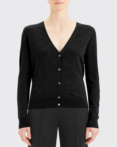 Theory V-neck Button-front Regal Wool Cardigan In Black