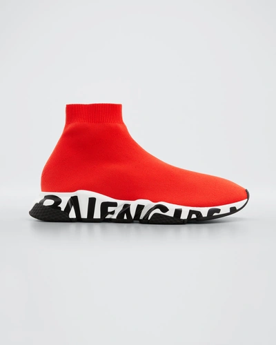 Balenciaga Men's Speed Graffiti Sneakers In Red/blk
