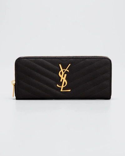 Saint Laurent Ysl Monogram Grain De Poudre Zip-around Wallet In Black