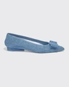 Ferragamo Viva 20 Pointed Vara Bow Ballerina Flats In Shadow Blue Denim