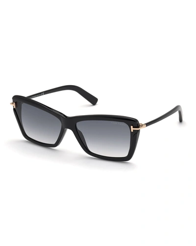 Tom Ford Leah Dramatic Acetate Butterfly Sunglasses In Shiny Black / Gradient Smoke