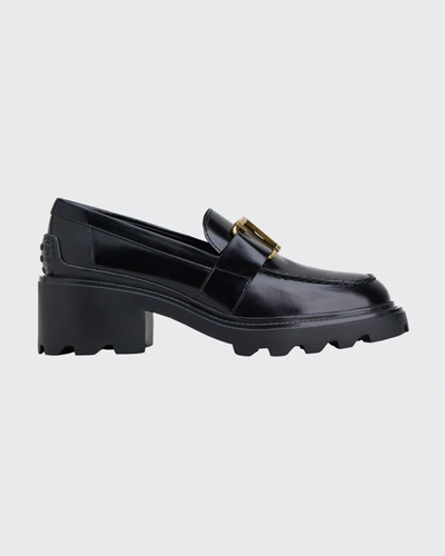 Tod's Shiny Leather Logo Buckle Chunky Loafers In Black