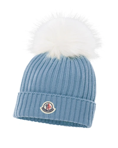 Moncler Kid's Ribbed Knit Beanie Hat W/ Faux-fur Pompom In Medium Blue