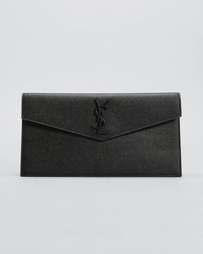 Saint Laurent Uptown Ysl Pouch Wallet In Grain De Poudre Embossed Leather - Black Hardware In Black