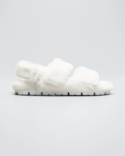 Prada Shearling Cozy Sporty Slingback Sandals In Bianco