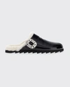 Roger Vivier Viv Crystal-embellished Shearling-lined Patent-leather Clogs In Blkoffwh