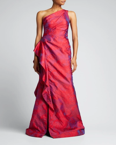 Rickie Freeman For Teri Jon One-shoulder Side-ruffle Gown In Fuchsia/red