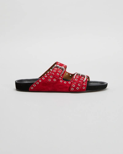 Isabel Marant Lennyo Studded Velvet Slide Sandals In Red