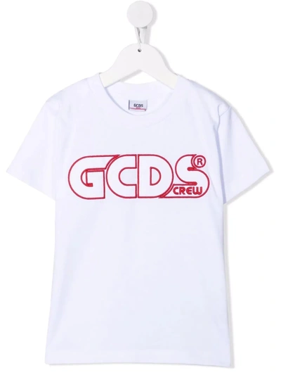 Gcds Mini Kids White T-shirt With Red Profiled Logo In Bianco