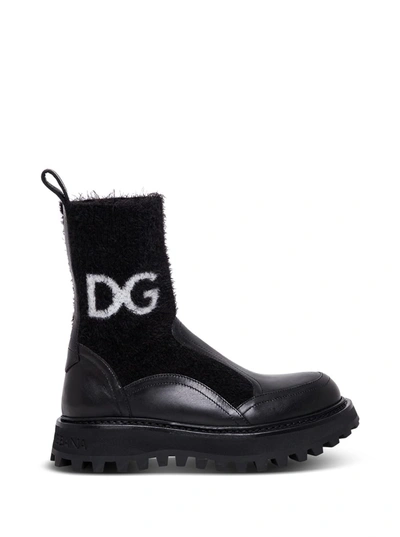 Dolce & Gabbana Black Leather And Fabric Boots With Logo
