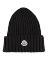 Moncler Black Wool Rib Knit Logo Beanie In Black