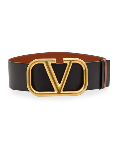 Valentino Garavani Vlogo 70mm Wide Box Leather Belt In Smokey Brown/nero