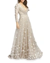 Mac Duggal Long-sleeve Lace Applique A-line Gown In Ivory Nude