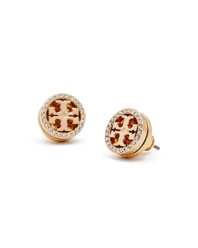 Tory Burch Crystal Logo Circle Stud Earrings In Tory Gold