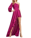 Ieena For Mac Duggal One-shoulder Long-sleeve High-low Gown In Berry