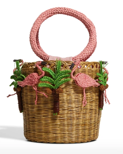 Serpui Lauren Straw Flamingo Bucket Tote Bag In Neutrals