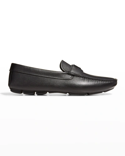 Prada Men's Triangle Logo Leather Drivers In Nero