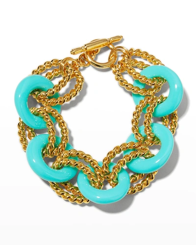 Kenneth Jay Lane Double Gold Twist Links And Turquoise Ring Toggle Bracelet