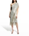 Badgley Mischka One-shoulder Evening Dress In Silver