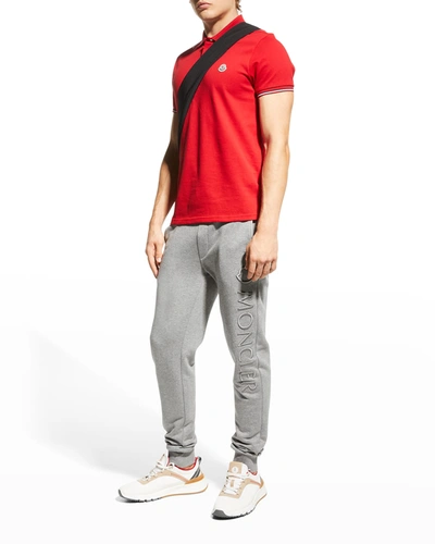 Moncler Men's Pique Flag-trim Polo Shirt In Red