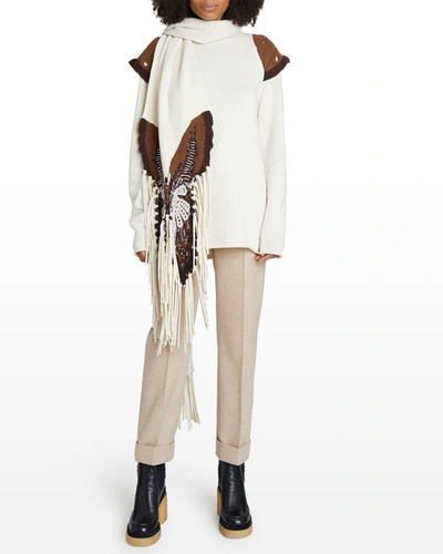 Chloé Crochet Butterfly Knitted Scarf W/ Fringe In Natural White