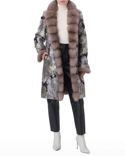 Pajaro Floral-jacquard Coat W/ Horizontal Fur Trim In Brownmulti