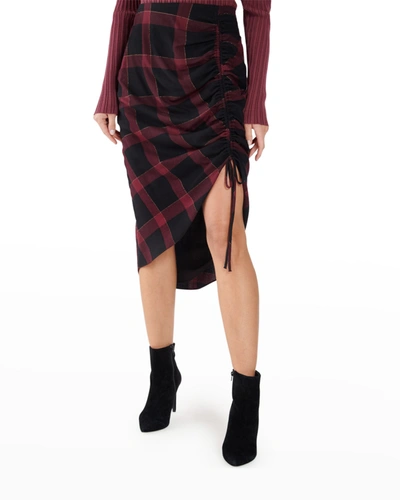 Ramy Brook Wilma Metallic Buffalo Plaid Side Ruched Skirt In Bordeaux Combo
