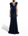 TADASHI SHOJI SEQUIN ILLUSION CAP-SLEEVE VELVET GOWN,PROD246100195