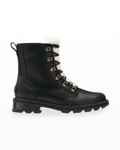 Sorel Lennox Lace Cozy Shearling-trimmed Waterproof Patent-leather Ankle Boots In Black