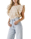 English Factory Gingham Ruffle Sleeve Top In Beige
