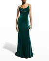 Tadashi Shoji Drape-neck Cowl-back Velvet Gown In Emerald